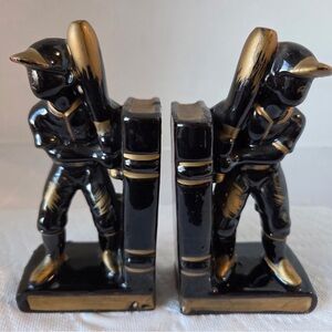 Black and Gold Ceramic Baseball Player Bookend Penholder Vintage Redware Japan